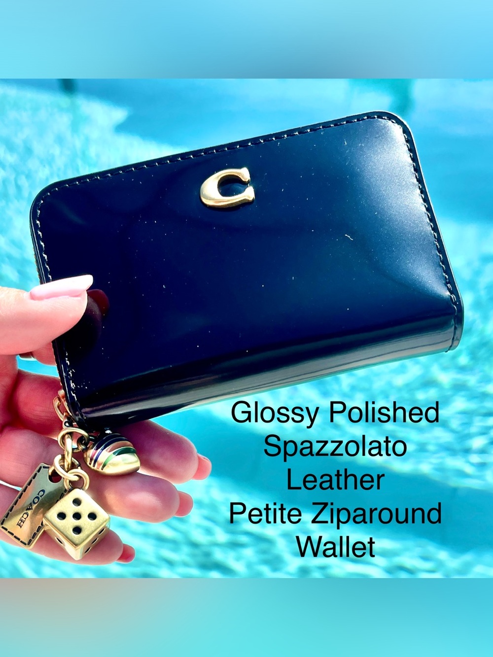 Coach Spazzolato Glossy Leather ZipAround/expands Petite Wallet Gold C & Charms